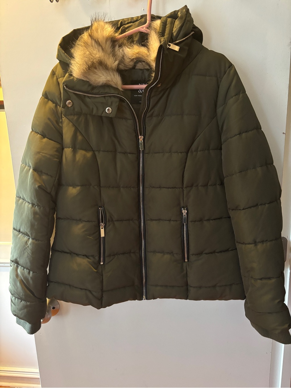 NY & Co Women’s Quilted Hooded Puffer Jacket with Faux Fur Trim - Olive Green